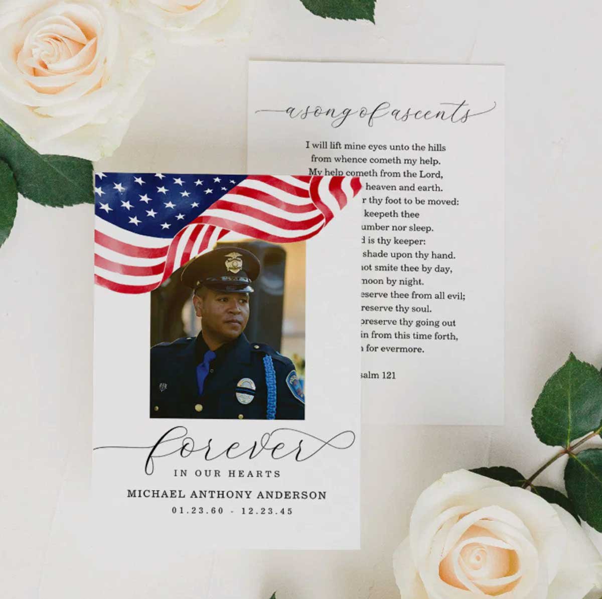 American Flag Forever in Our Hearts Funeral Card