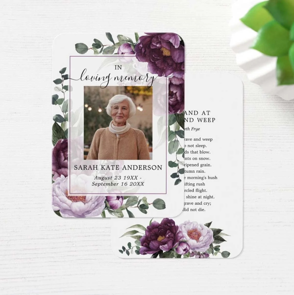 Plum Peonies Funeral In Loving Memory Poem Card