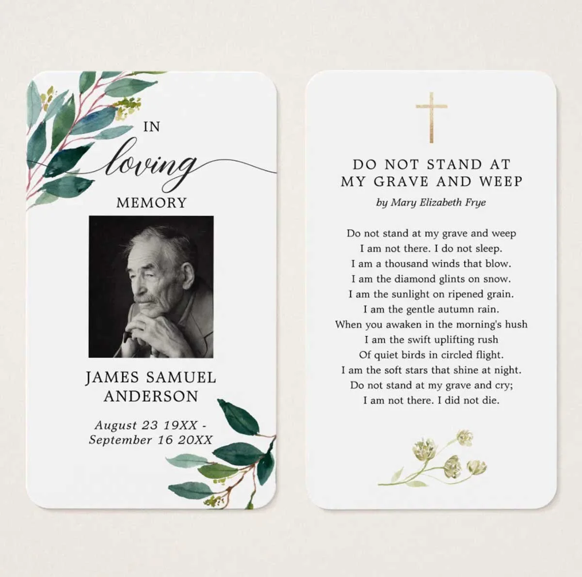 Greenery Funeral Memorial Poem Card