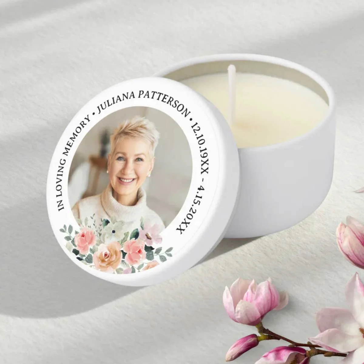 In loving Memory Custom Photo Floral Funeral Mini Candle Favors