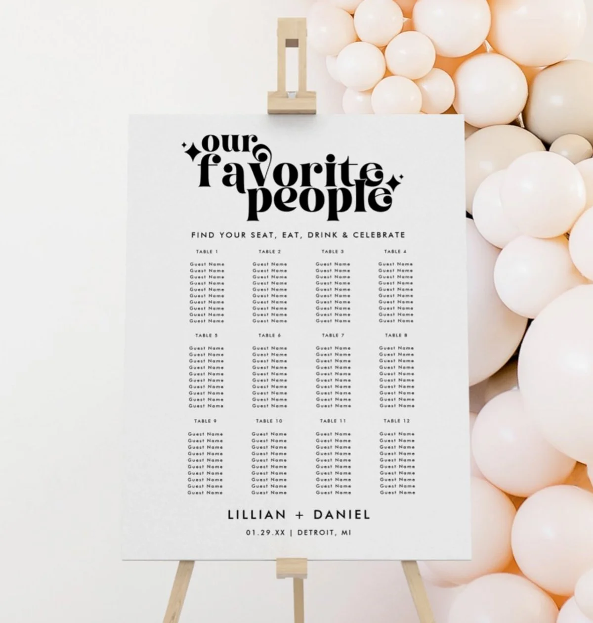 Modern Retro Wedding Seating Chart Foam Board
