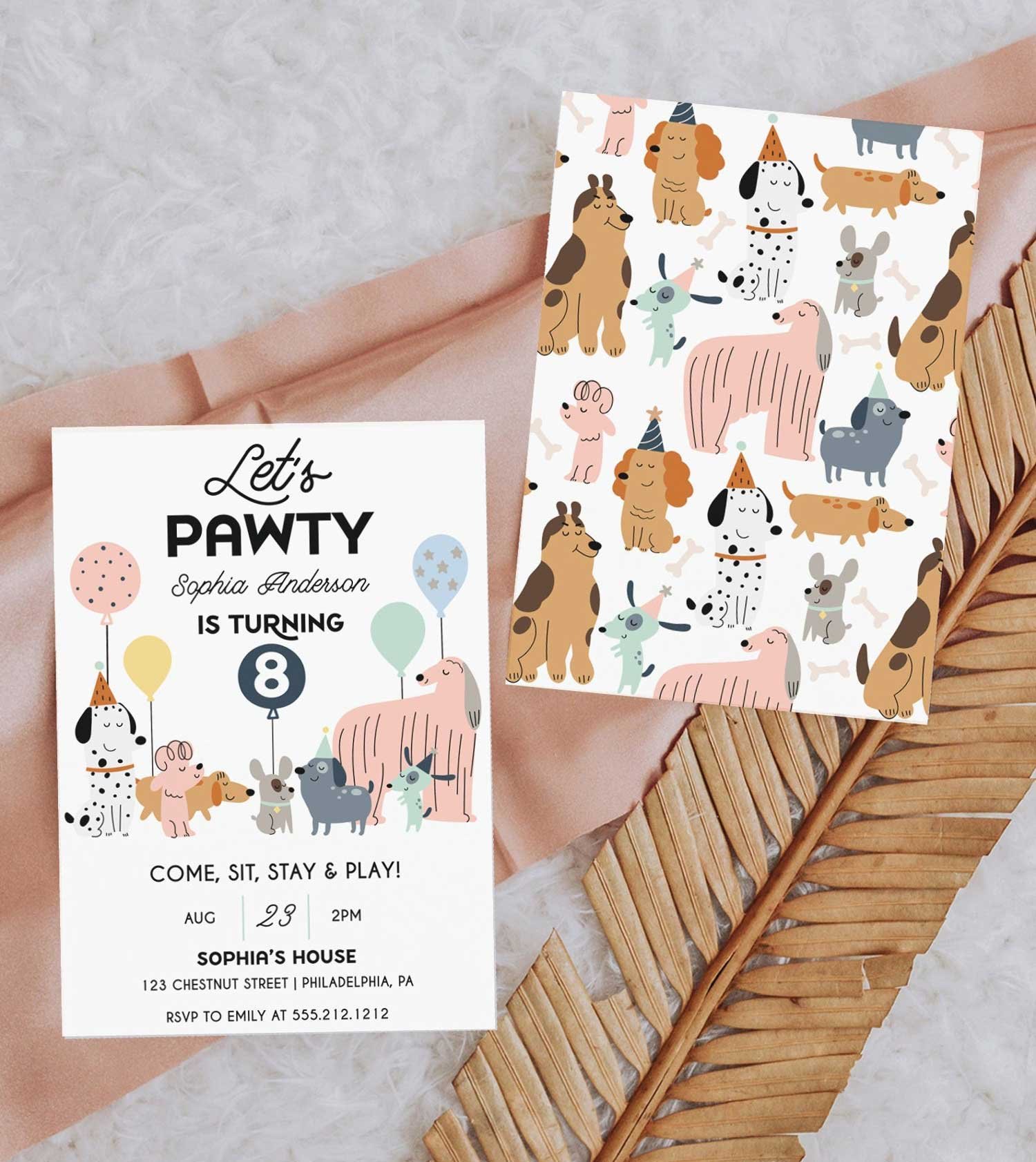 Lets Pawty Birthday Invitation Editable Girl Puppy Dog 