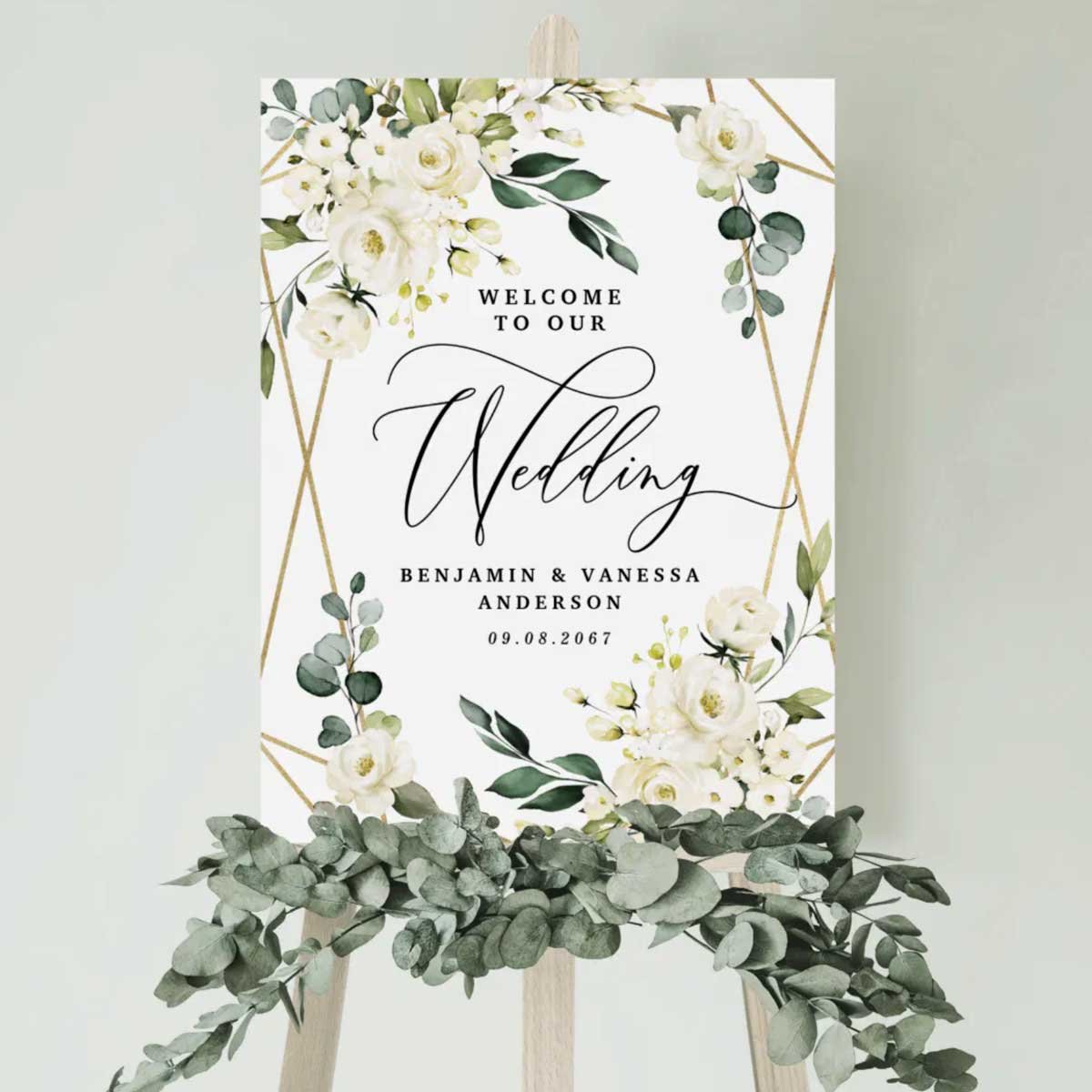Welcome to Our Wedding Floral Gold Geometric Sign