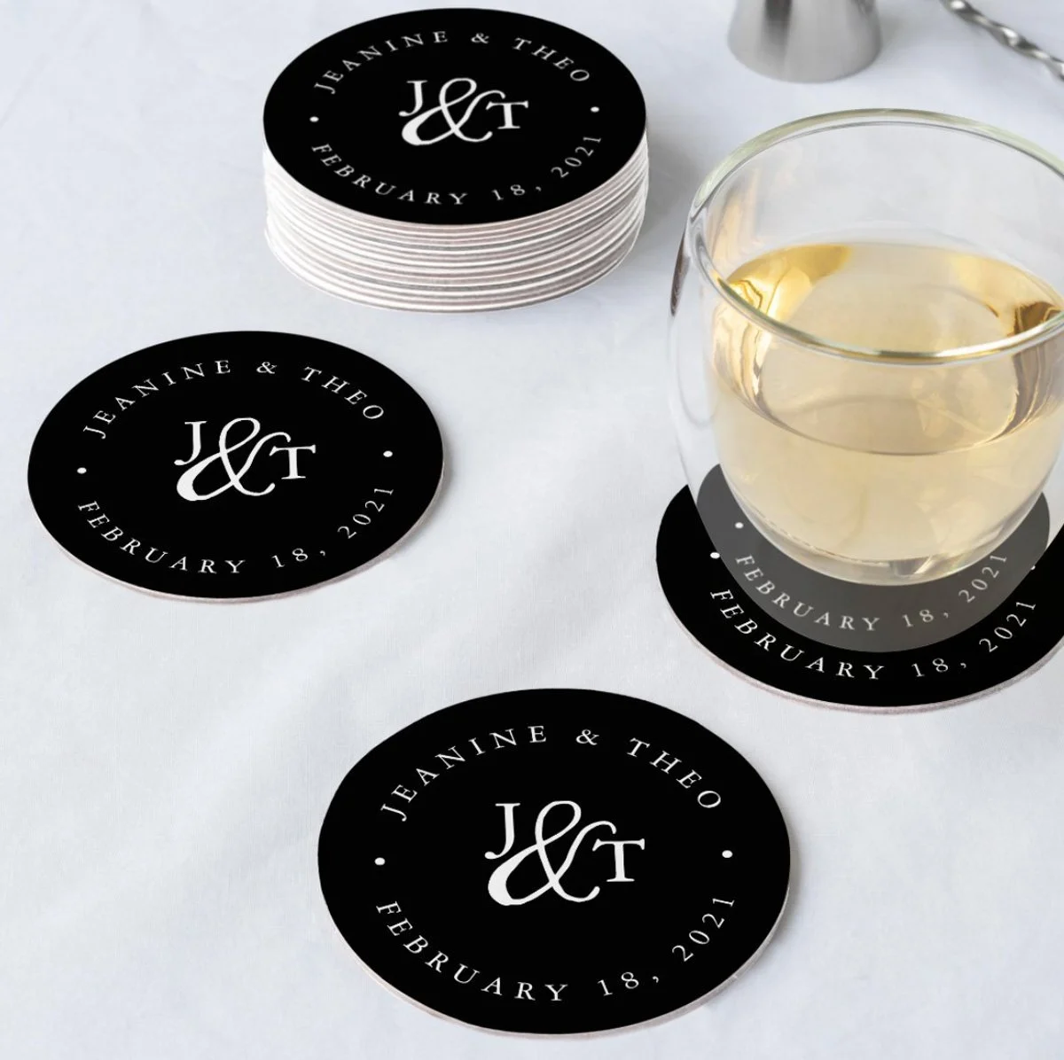 Black & White Wedding Monogram Round Paper Coaster