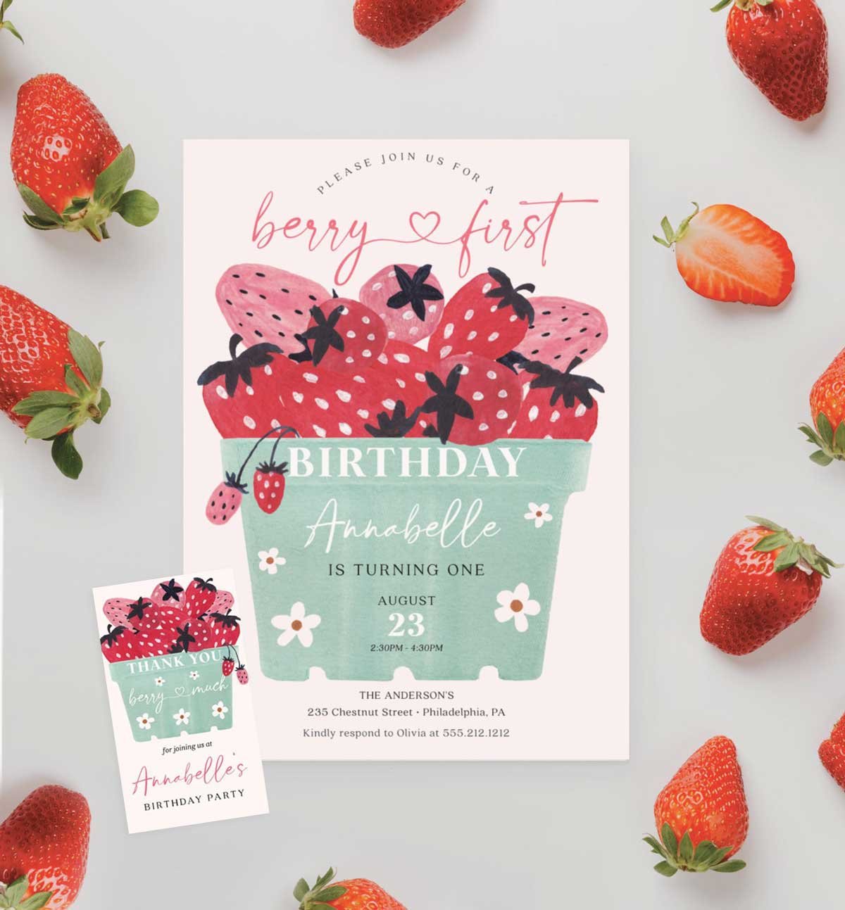 Berry First Birthday Theme / Berry Sweet Strawberry 1st Birthday Invitations, Decorations, Outfits
