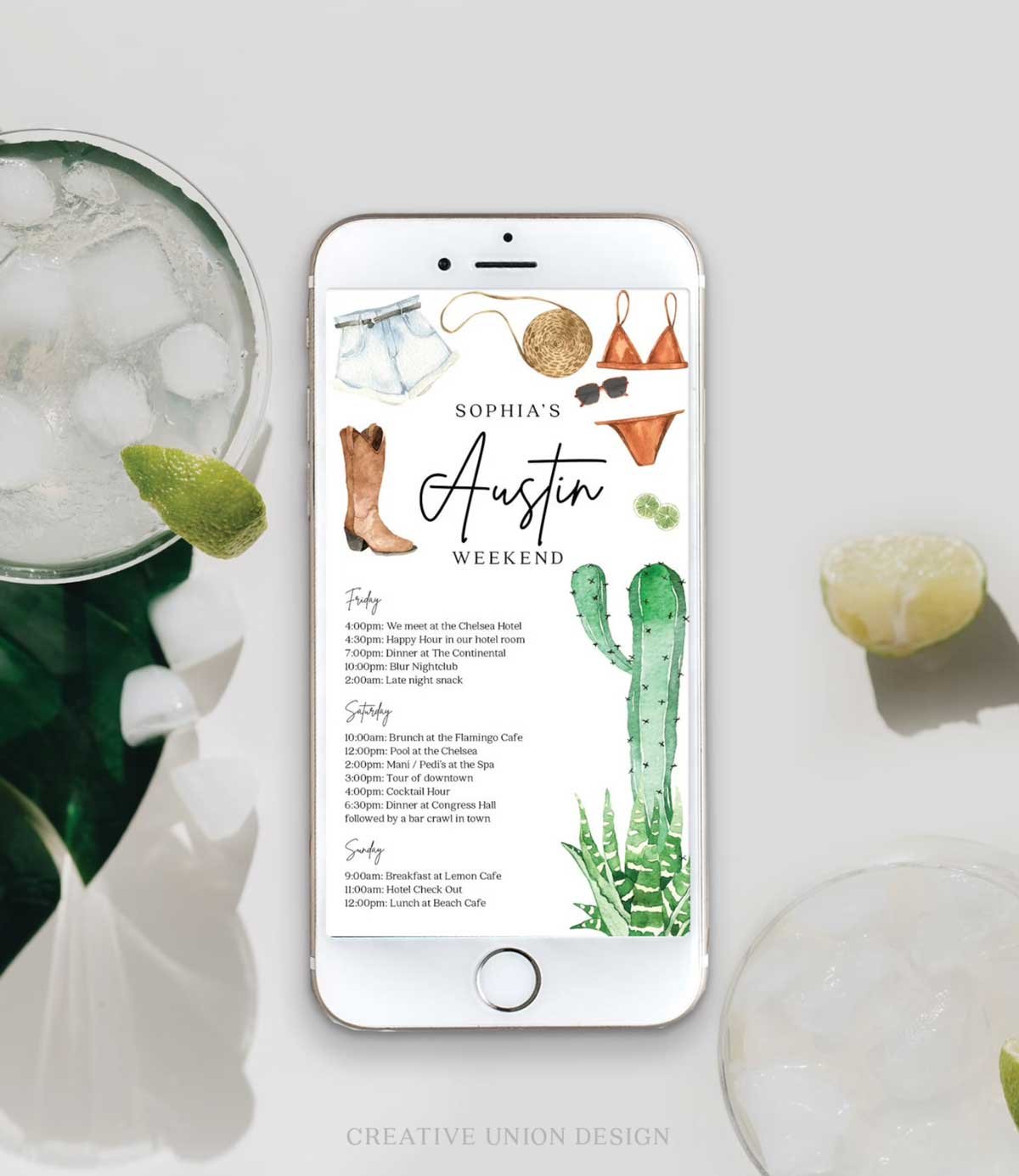 Scottsdale Edit in browser Austin Texas Bachelorette Weekend Itinerary Template Mexico phone tablet 5x7 Editable Timeline Card