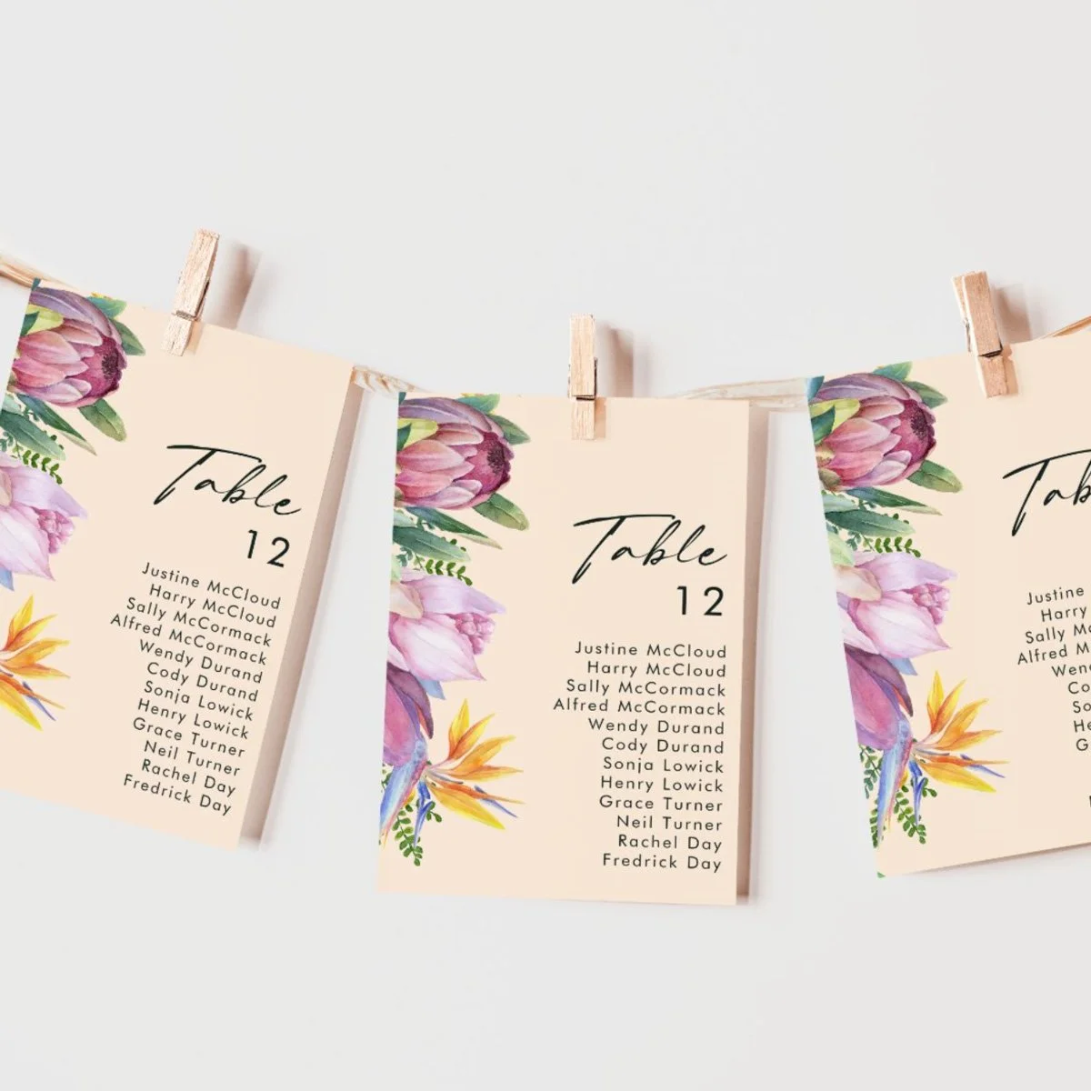 Colorful Tropical Floral Peach Table Number Chart
