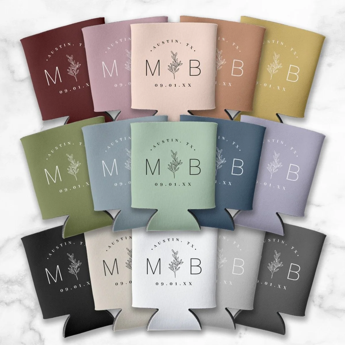 Rustic Floral Stem Wedding Monogram Can Coolers