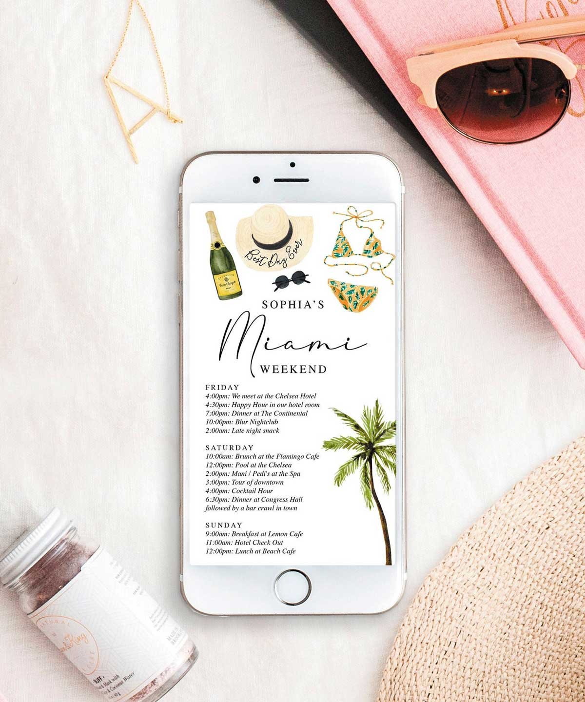 Scottsdale Edit in browser Austin Texas Bachelorette Weekend Itinerary Template Mexico phone tablet 5x7 Editable Timeline Card