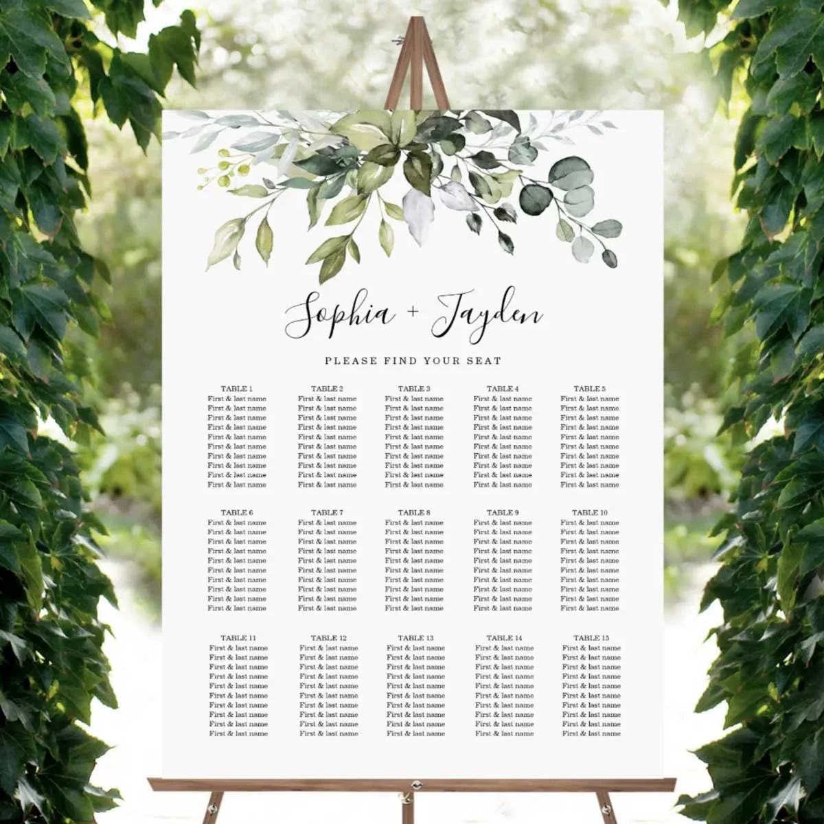 Dusty Blue Greenery Elegant Wedding Seating Chart