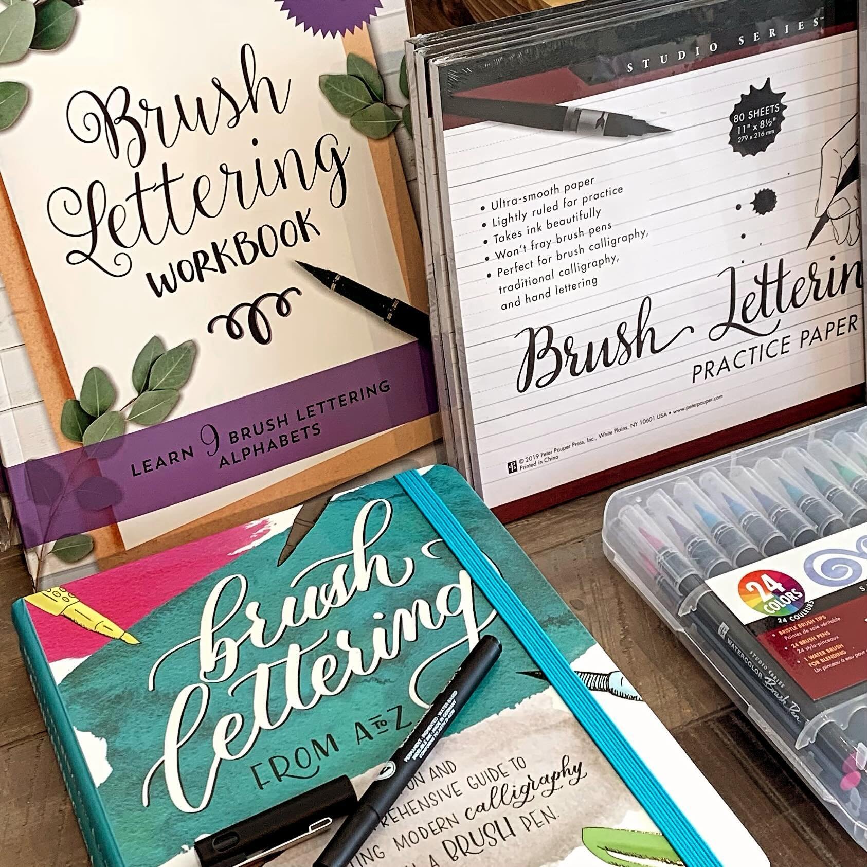 If you&rsquo;re interested in learning Brush Lettering, we have beautiful instructional books, practice pads &amp; brush pens! Handwriting is not a lost art, it just requires a little practice ✍🏼