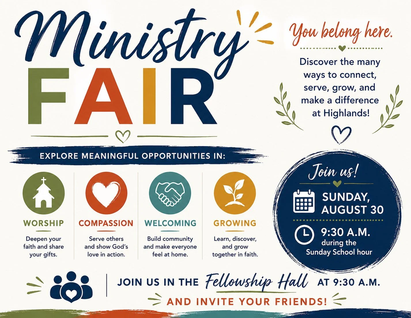 Come discover the many ways to connect, serve, grow, and make a difference at Highlands! On Sunday, August 30 during the Sunday School hour, our Ministry Fair will showcase meaningful opportunities in worship, compassion, welcoming, and growing minis