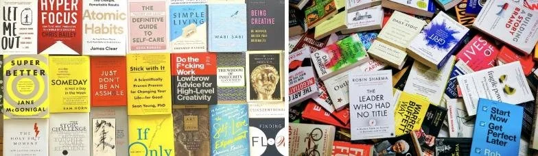 Two images featuring various self-help books.