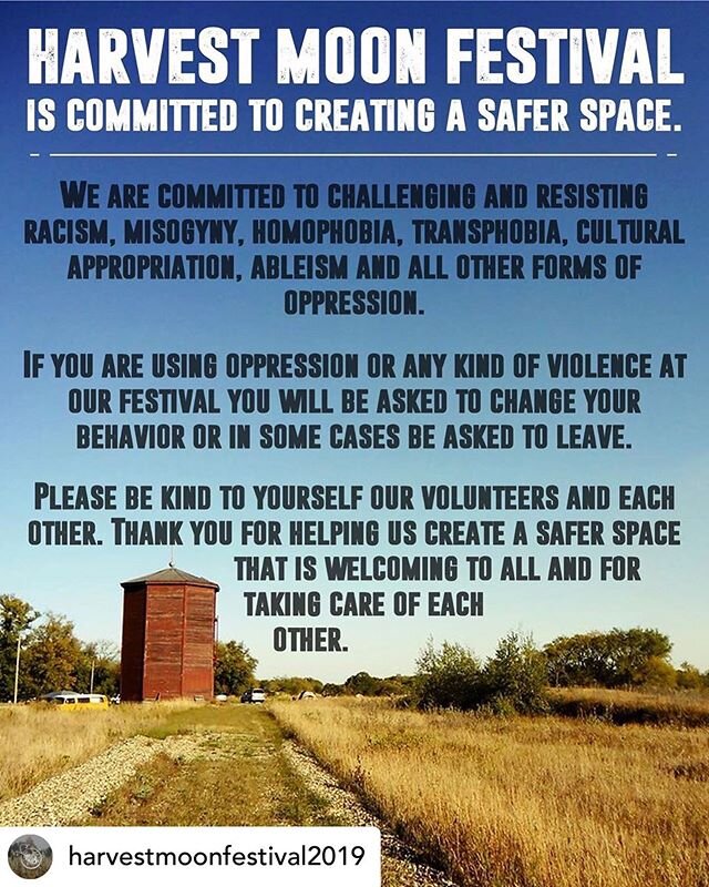 Posted @withrepost &bull; @harvestmoonfestival2019 We&rsquo;ve been working with @redtentwpg to improve our safer space policy, and they will be onsite at the festival this year. The Red Tent Safer Space at Harvest Moon is for Two-Spirit, Trans, Non-