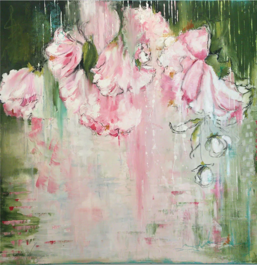 peonies off the patio- Acrylic, pastel and oil on canvas. 24x24 $895 - sold