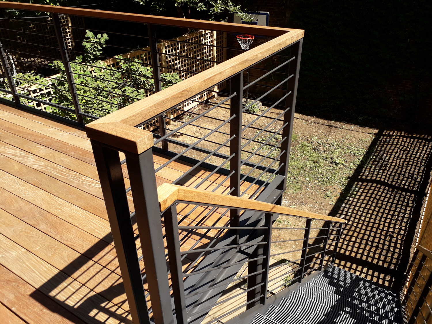 Steel deck with ipe decking and handrail.