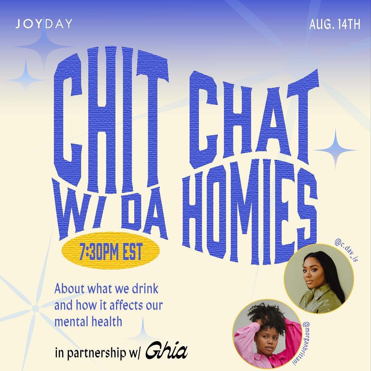 Let's chit-chat about what we drink and how it affects our mental health on Sunday, August 14th w/ @morganbrittani and @c.dav_is over some @drinkghia. 🍸💛

Sign up for text reminders through the link in our bio.