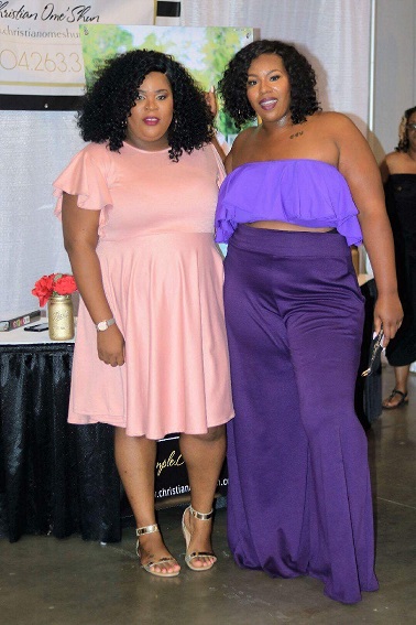 Our CEO and Head Designer Ashontay with blogger Ramona O wearing CO Ruffle Bandeau Top and Signature Wide Leg Pant