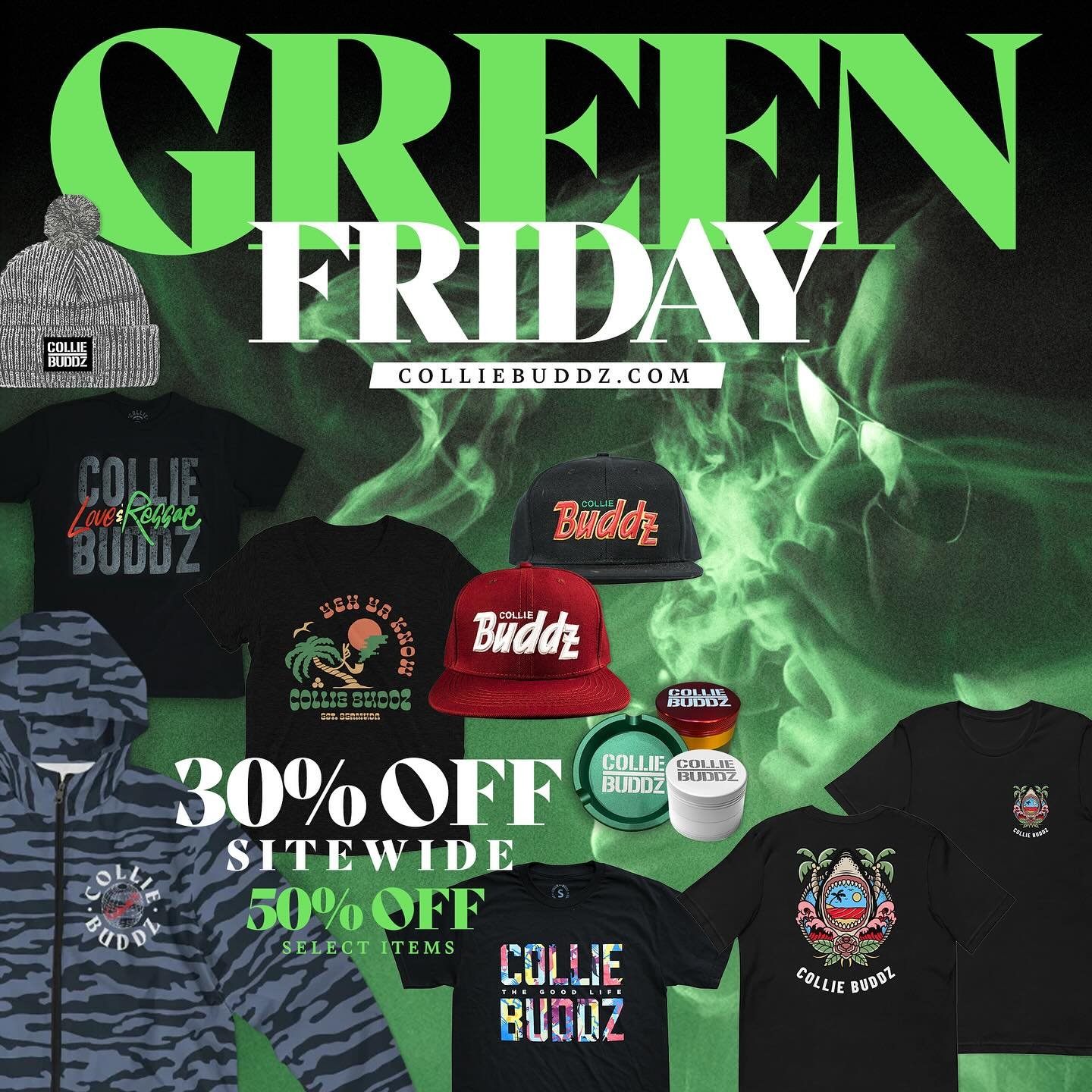 Green Friday sale is starting early🌴💨💨🌴 head to shopcolliebuddz.com for 30% off site wide and 50% off select items now through Monday👊🏼👊🏼