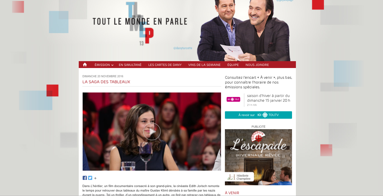 Tout le monde en parle, 20 novembre 2016 https://www.youtube.com/watch?v=EIy8b4IvBZ4