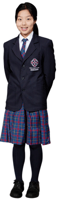 Knee length blue tartan skirt, tie, long sleeved white shirt, maroon jumper and College Blazer. Navy blue stockings are to be worn with black, polished lace up shoes.