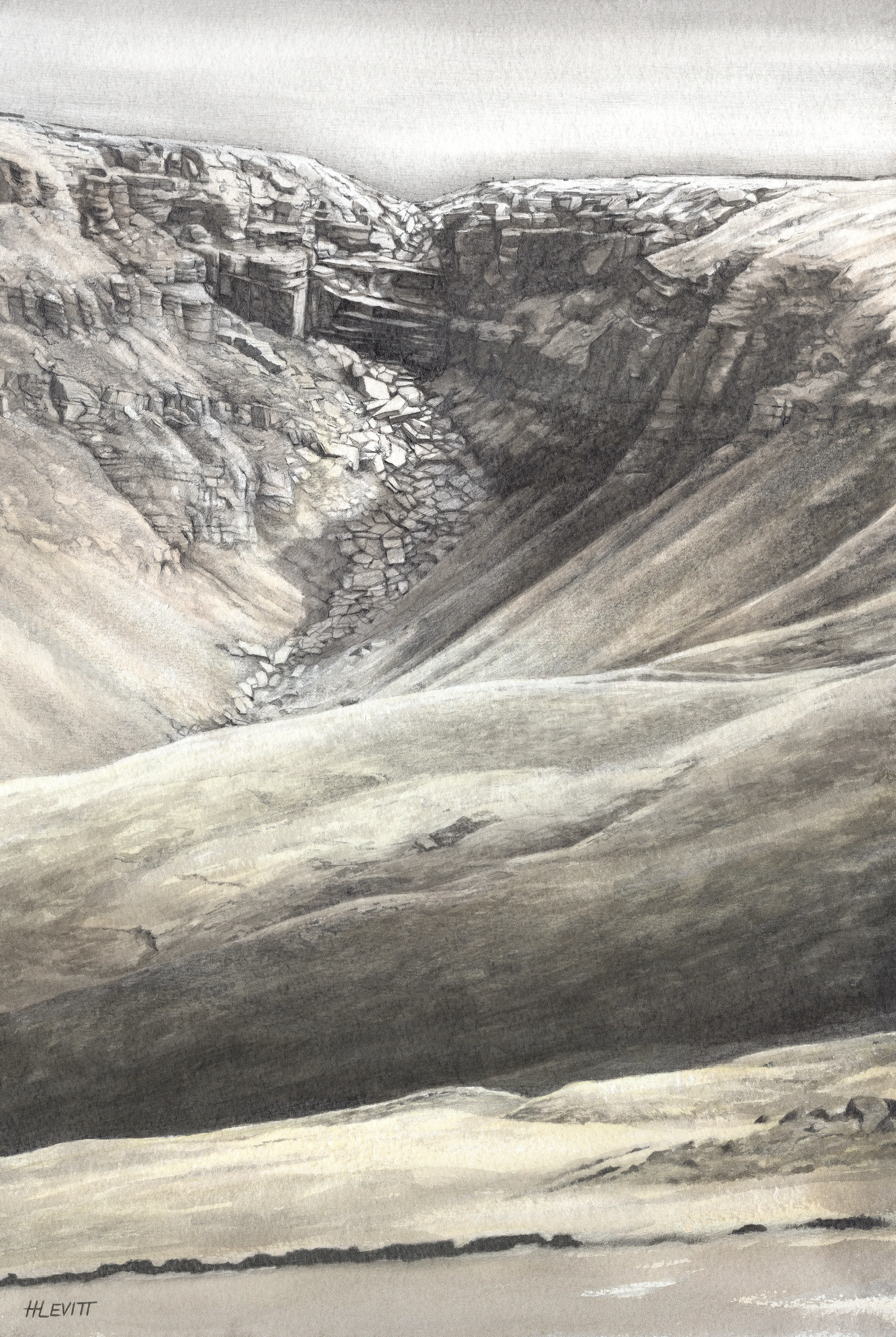 Kinder Downfall , Kinderscout,Derbyshire-on a dry day! Graphite pencil and Ink wash