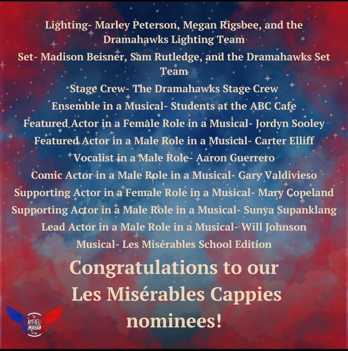 Congrats to the cast, crew, and musicians of Les Mis!!!