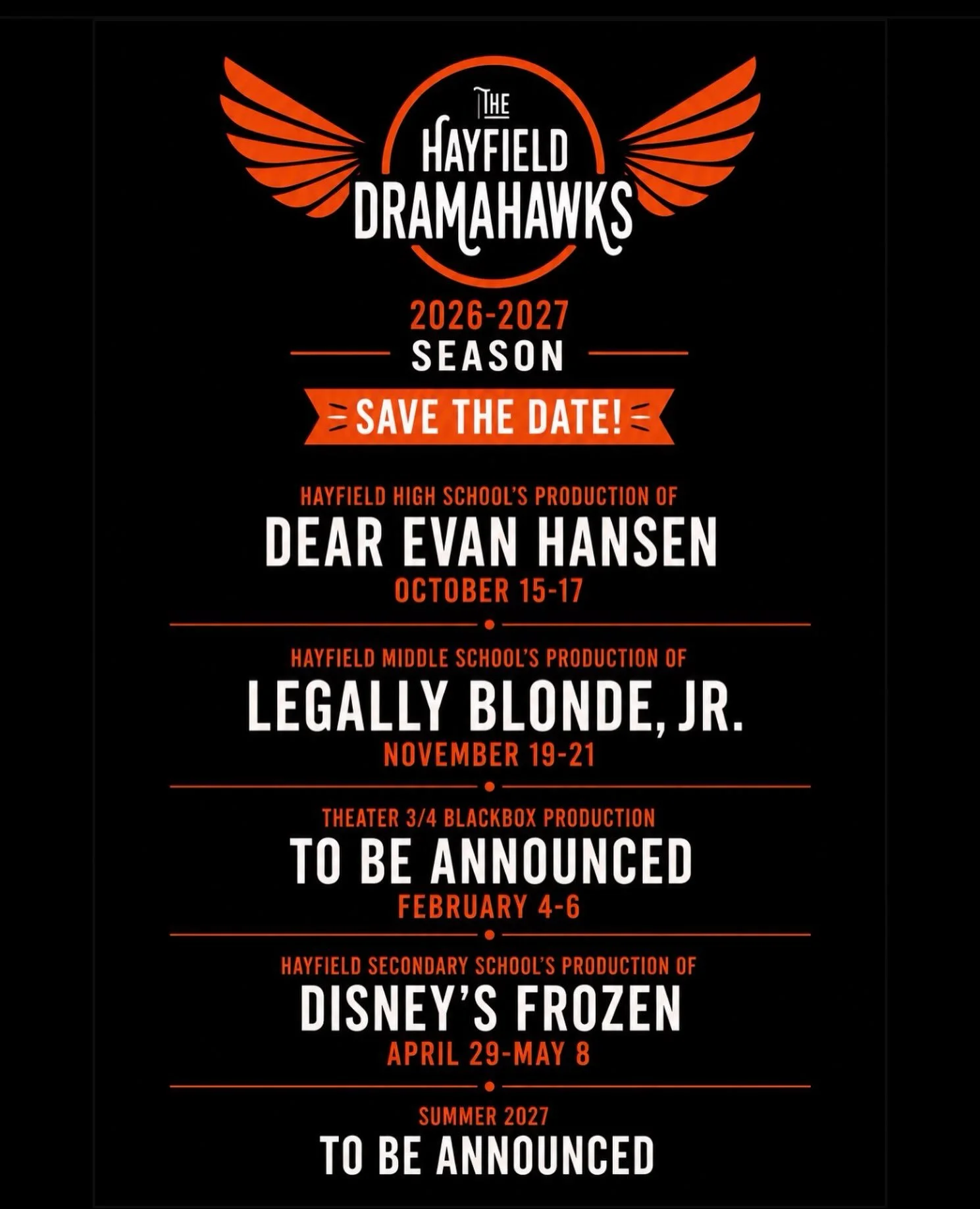 2026-2027 is shaping up to be an exciting year for the Dramahawks! Should we drop the Summer 2027 show soon? 👀

#fcps #musicaltheatre #highschooltheatre #middleschooltheatre #hayfieldss