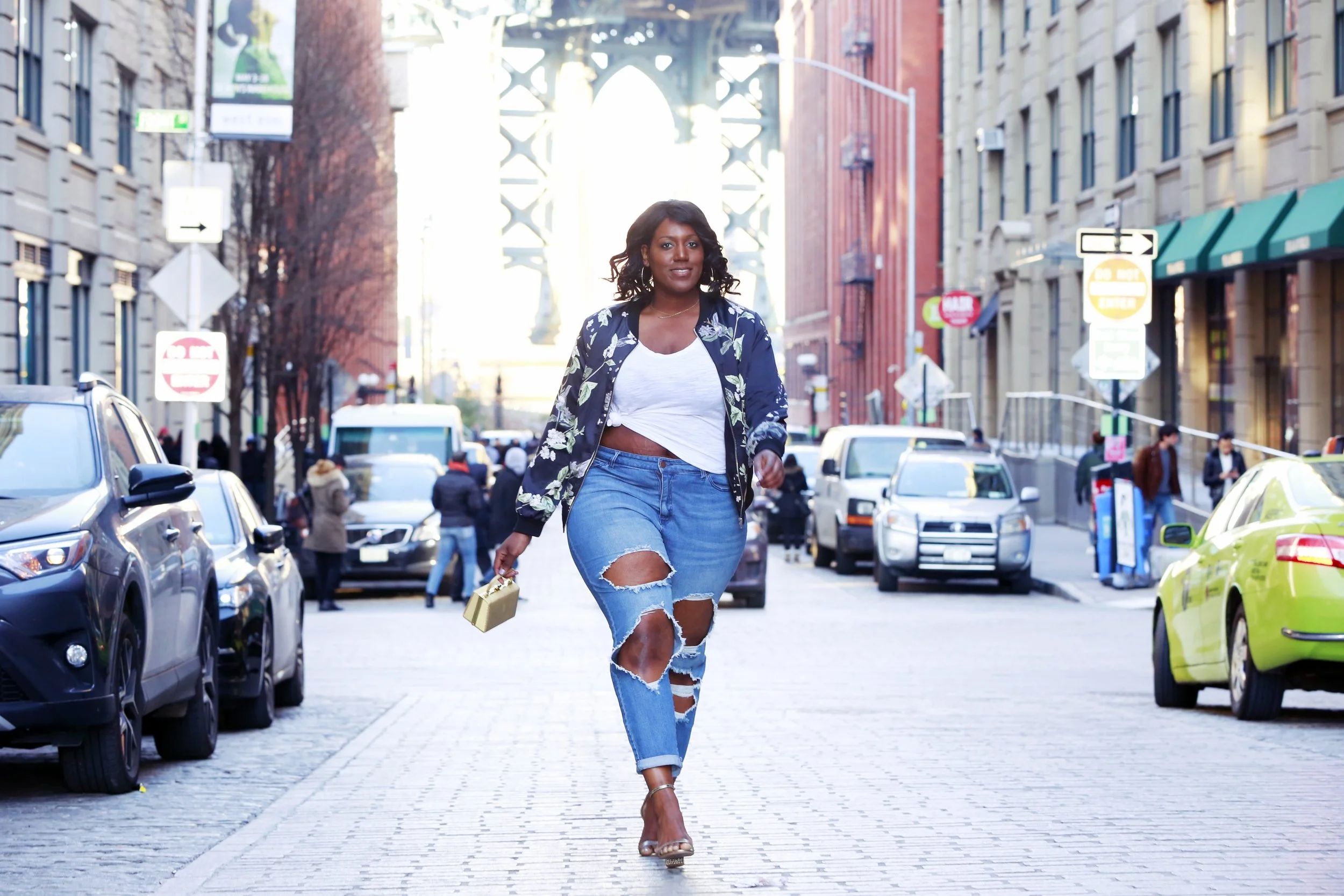 Floral Bomber and Distressed Denim