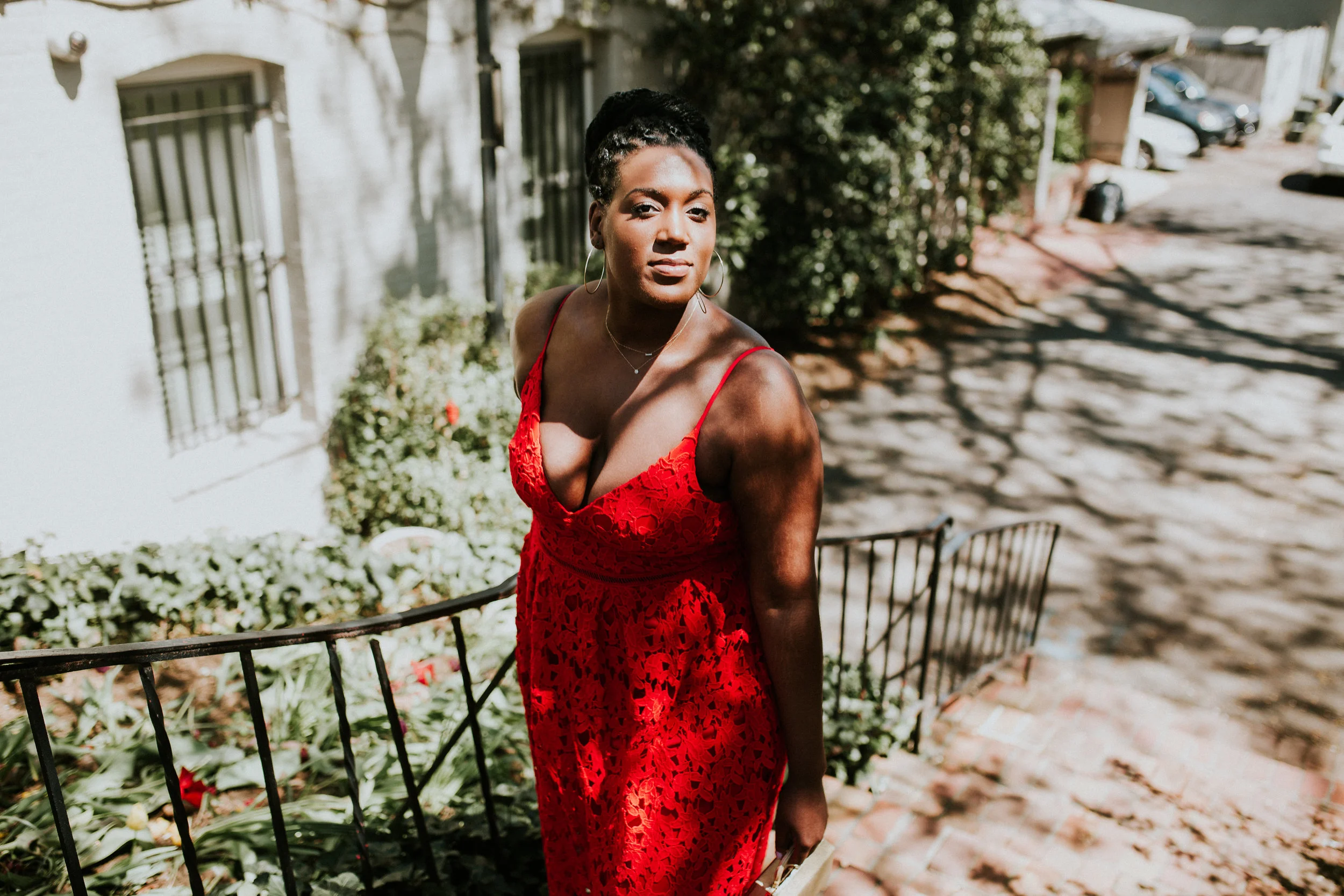 Wedding Guest in a Red Lace Dress