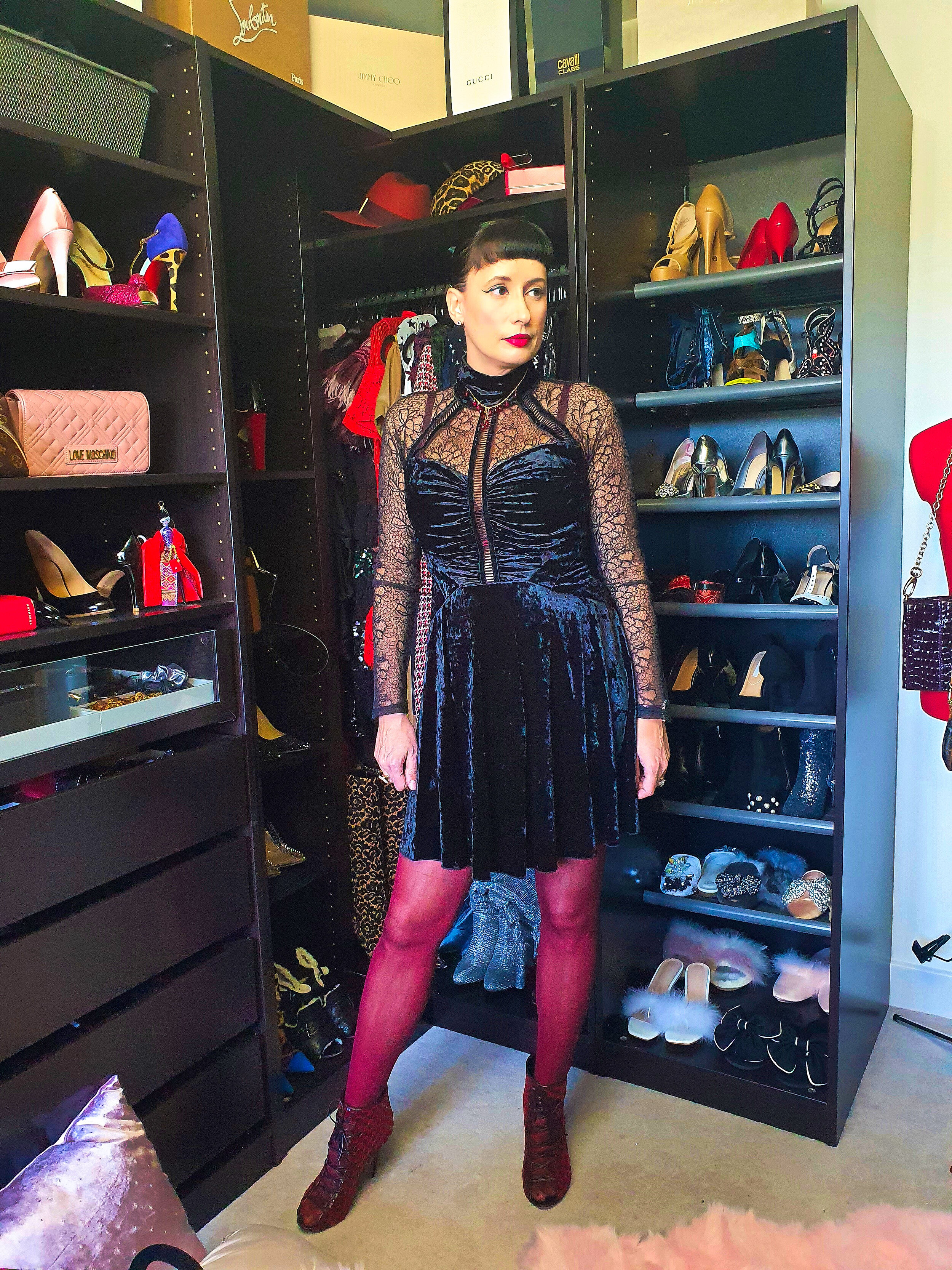 THREE FLOOR Velvet Black Dress with Burgundy Accessorizing
