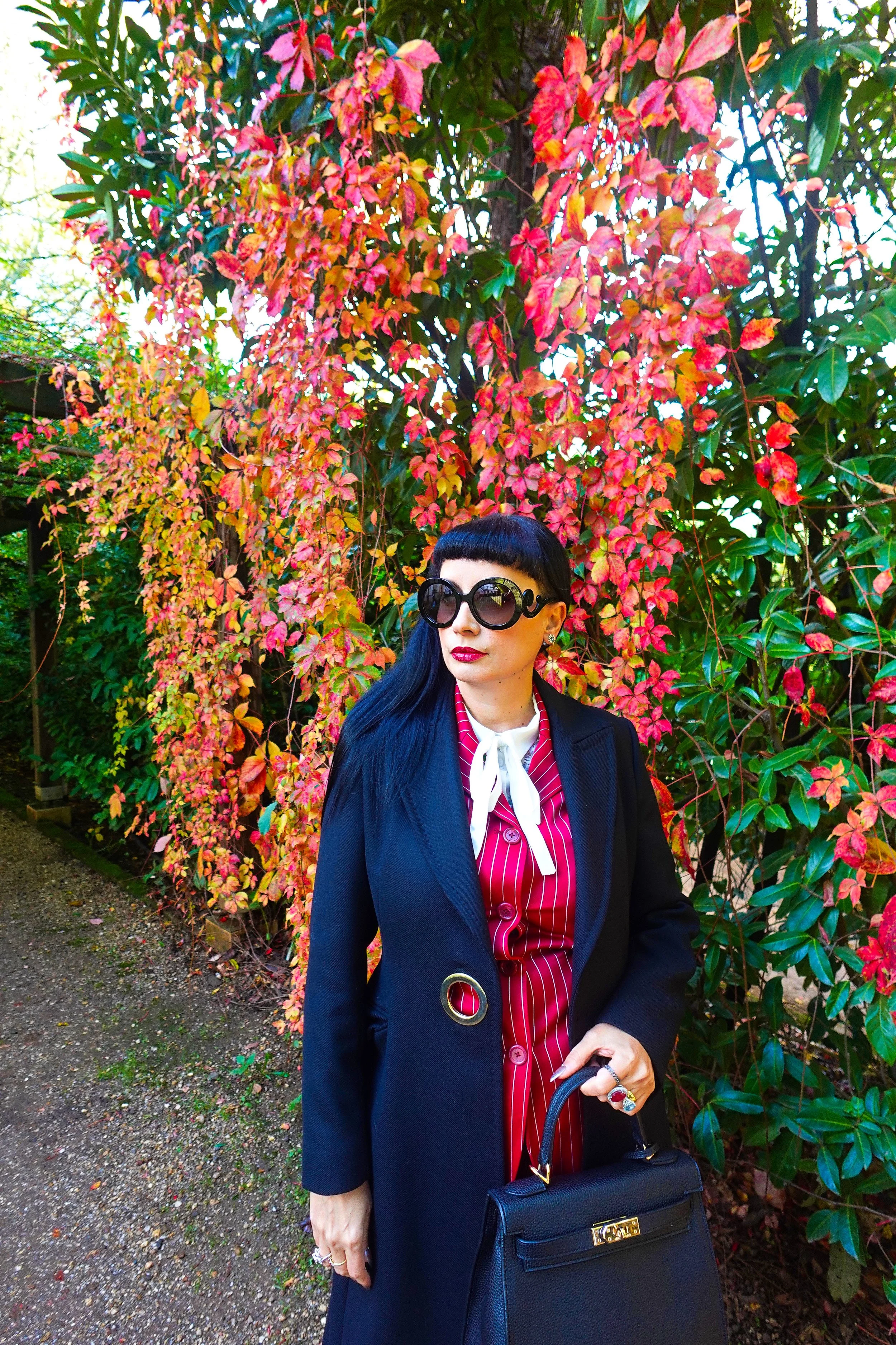 A red PINSTRIPE SUIT