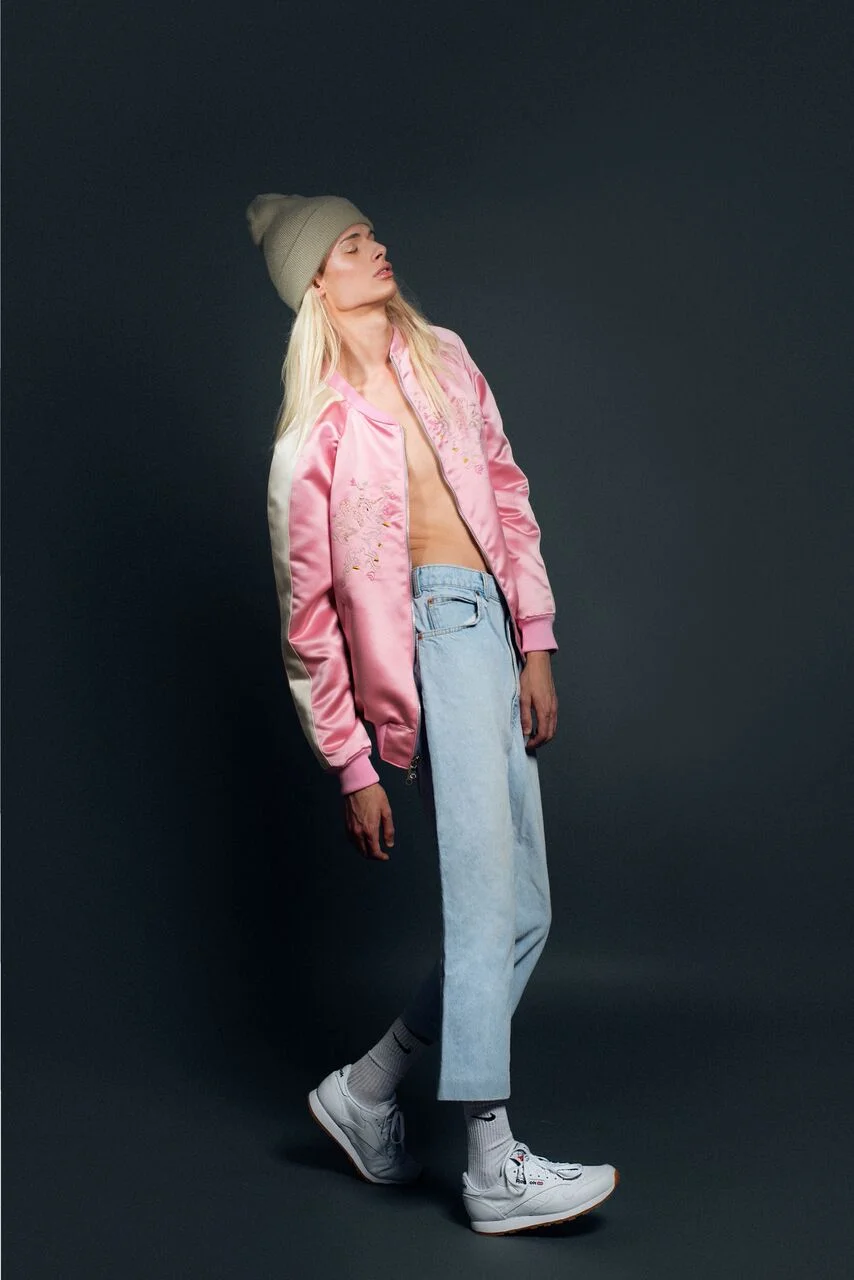 Unisex pink satin souvenir jacket with hand embroidered unicorns