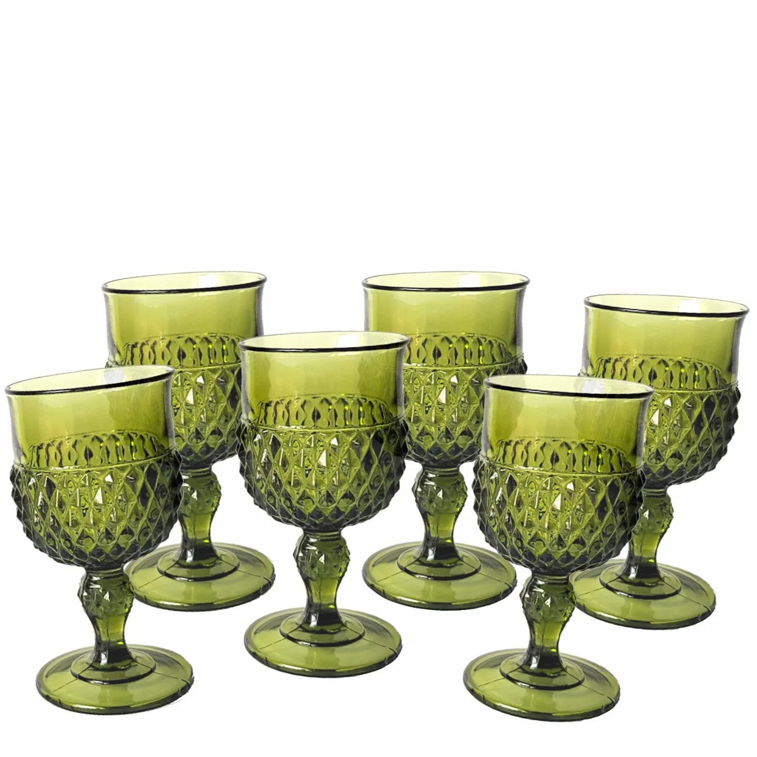 Olive green Diamond Point goblets for rent from Delicate Dishes LLC