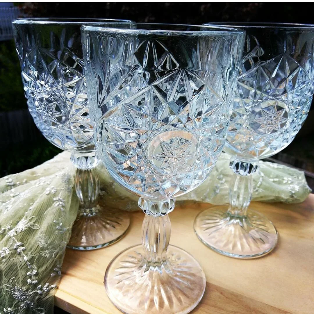 Clear Hobstar Goblets for rent from Delicate Dishes LLC
