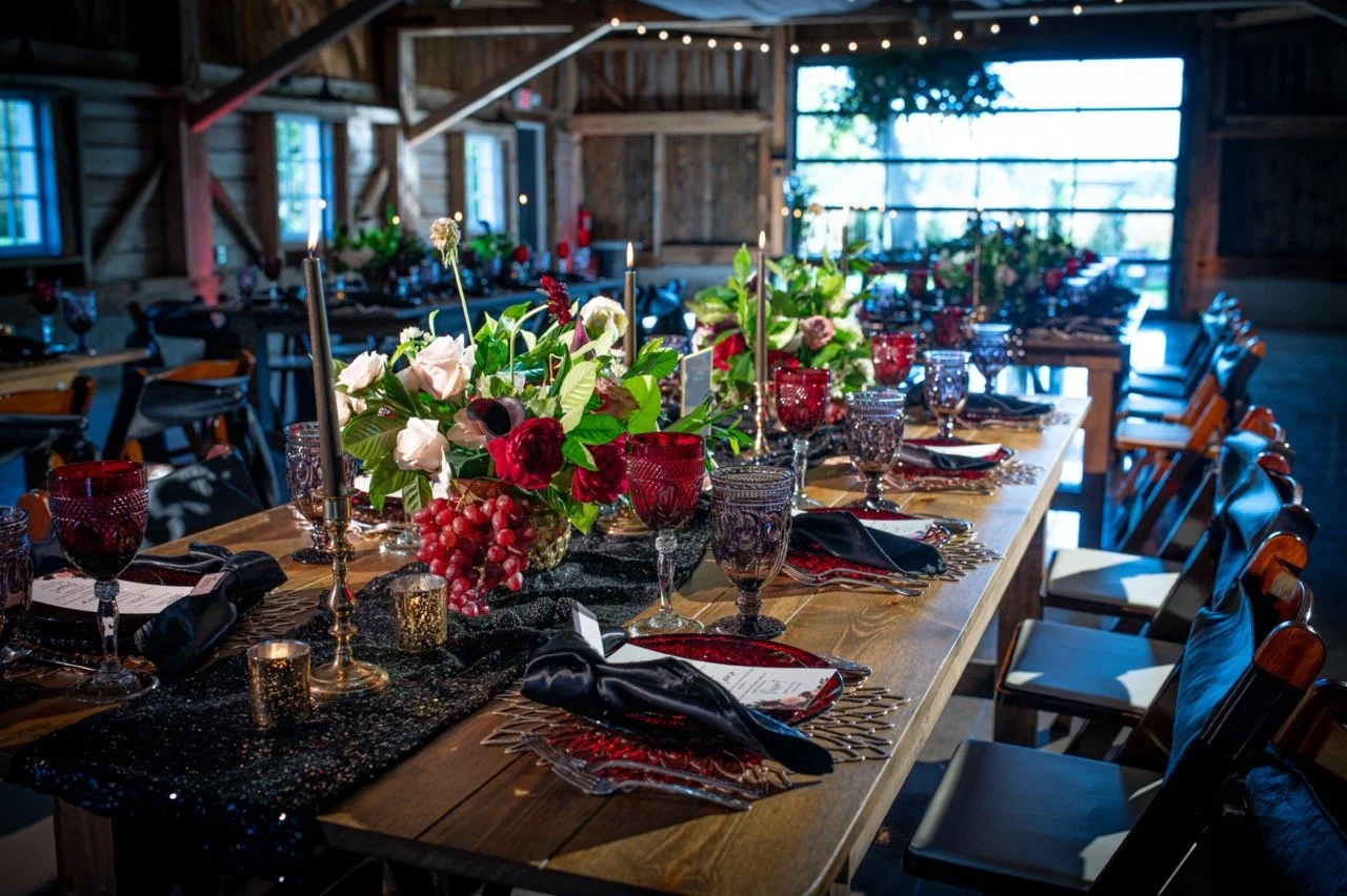 Tall Red Goblets for rent from Delicate Dishes LLC