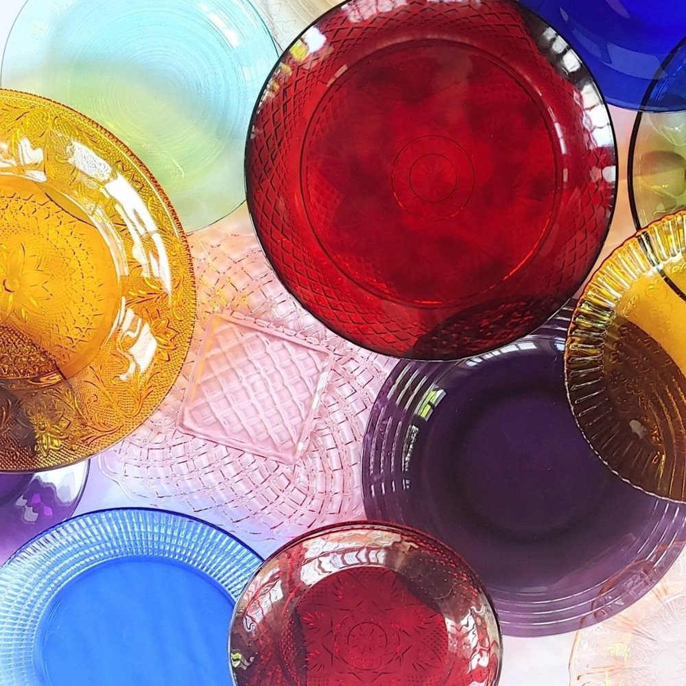 Mismatched Colored & Clear Glass Plate Collection — Delicate Dishes