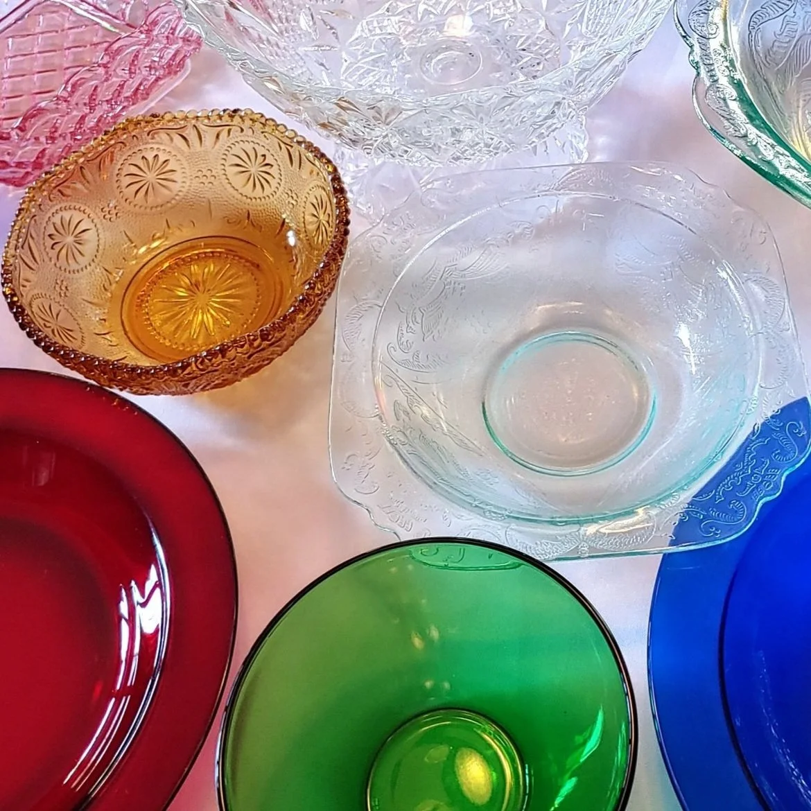 Vintage floral china and glass plate rentals and charger rentals from Delicate Dishes LLC