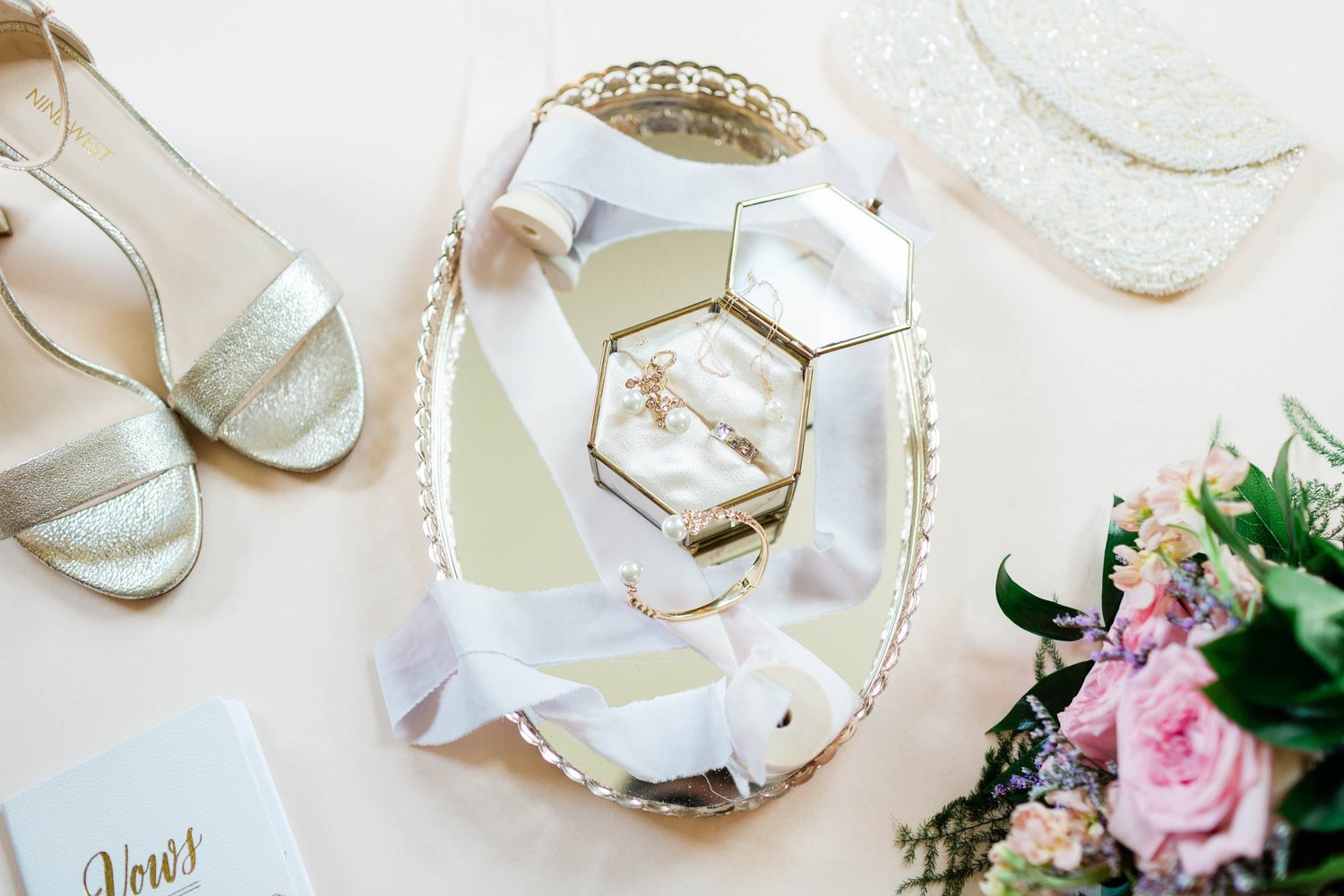 gold dresser tray Off the Shoulder Gold Sparkle Wedding Dress with Detachable Train – Rosymae main image 1
