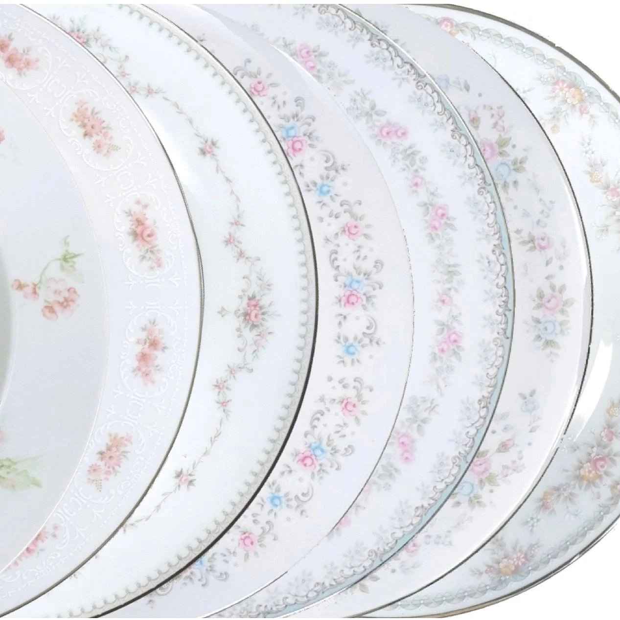 Mismatched 'Bridal Pink' Floral Plate Collection (3 sizes)