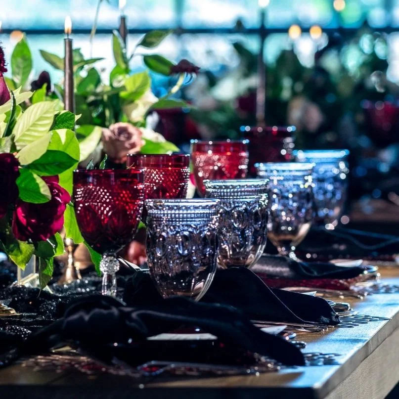 Tall Red Goblets for rent from Delicate Dishes LLC