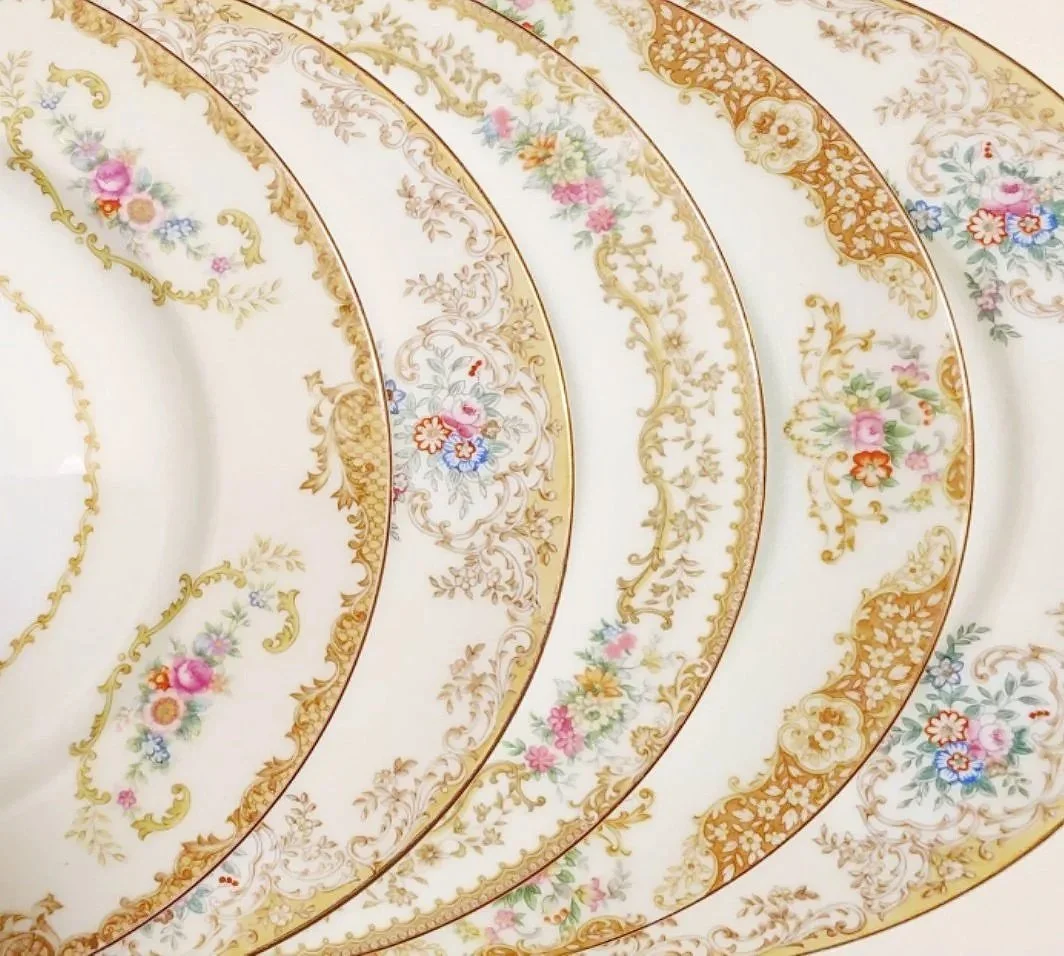 Beautiful vintage mismatched amber ornate floral plate collection for rent from Delicate Dishes LLC