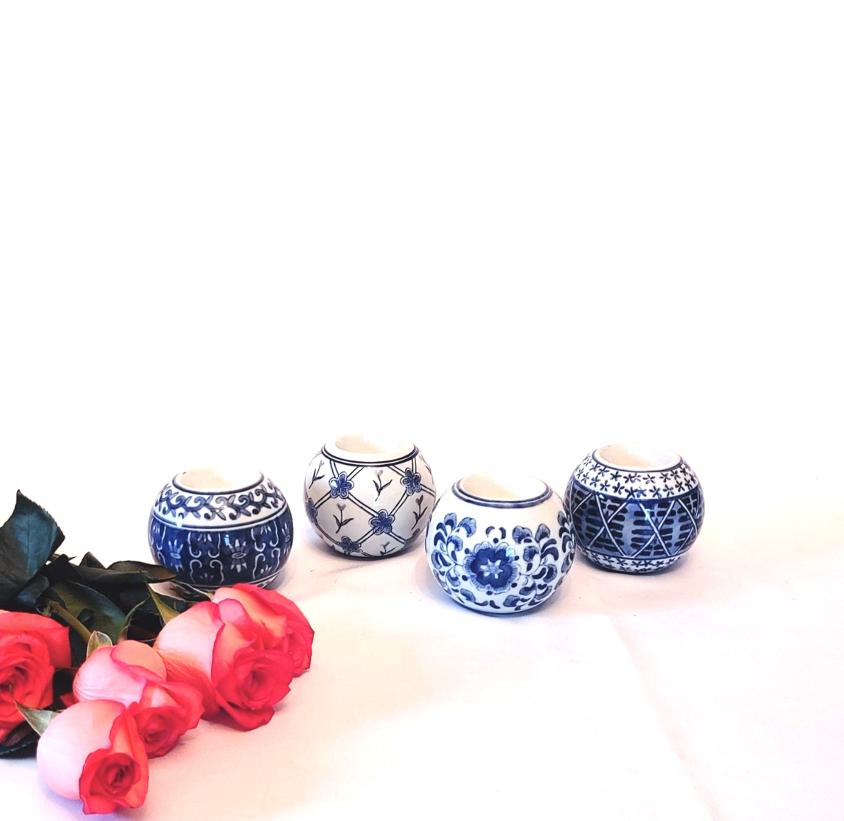 Large Mismatched Blue & White Round Chinoiserie Tea Light Holder for rent from Delicate Dishes LLC
