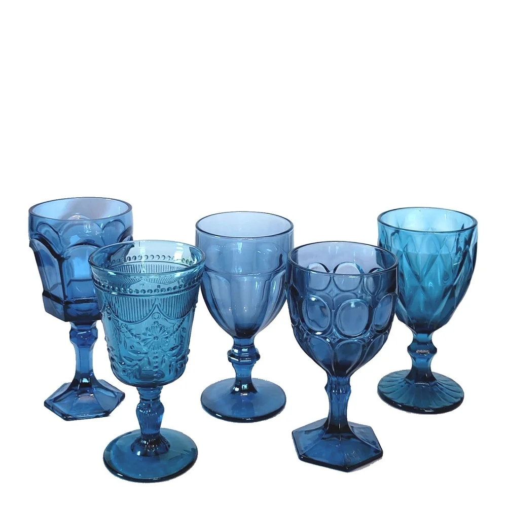 Mismatched vintage blue water goblets for rent from Delicate Dishes   Delicate Dishes LLC