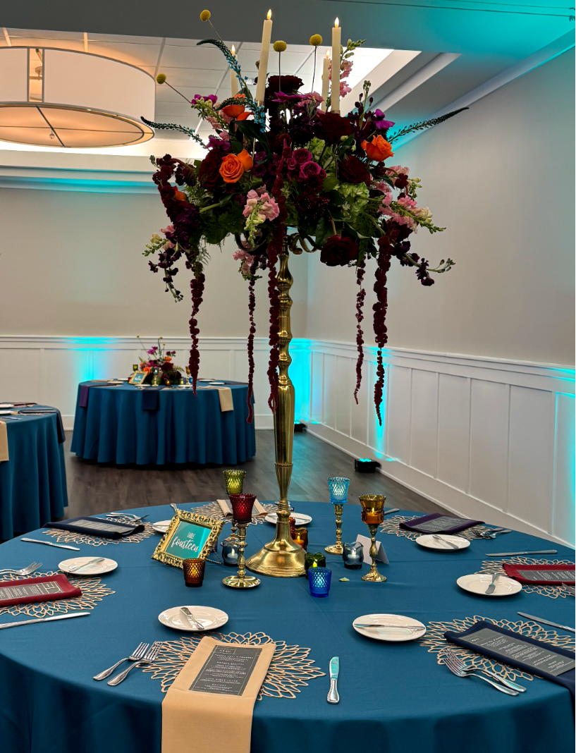 Mismatched Colored Glass Candle Holders for rent from Delicate Dishes LLC