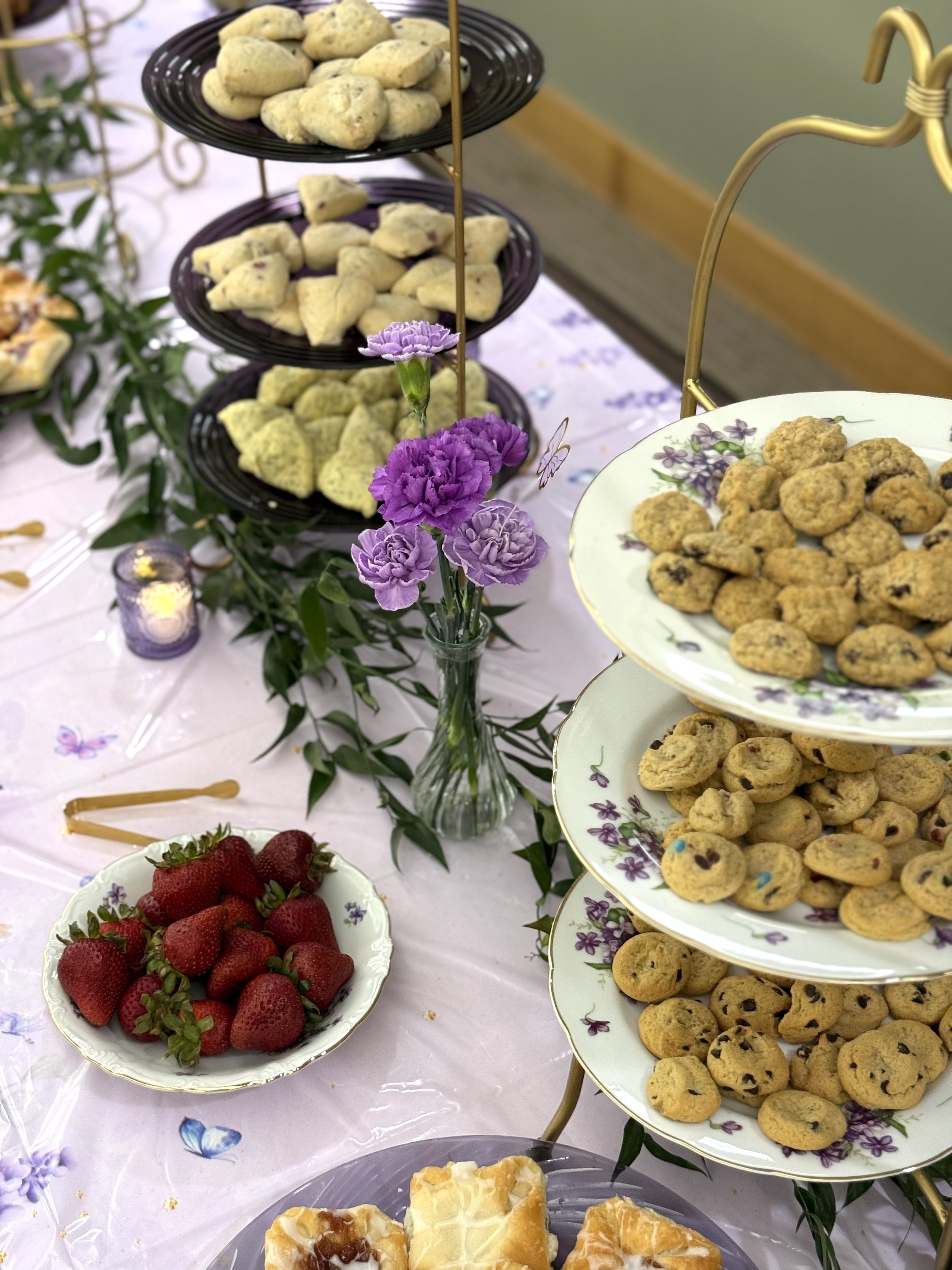 Mismatched Pretty Purples floral china dishes for rent from Delicate Dishes LLC