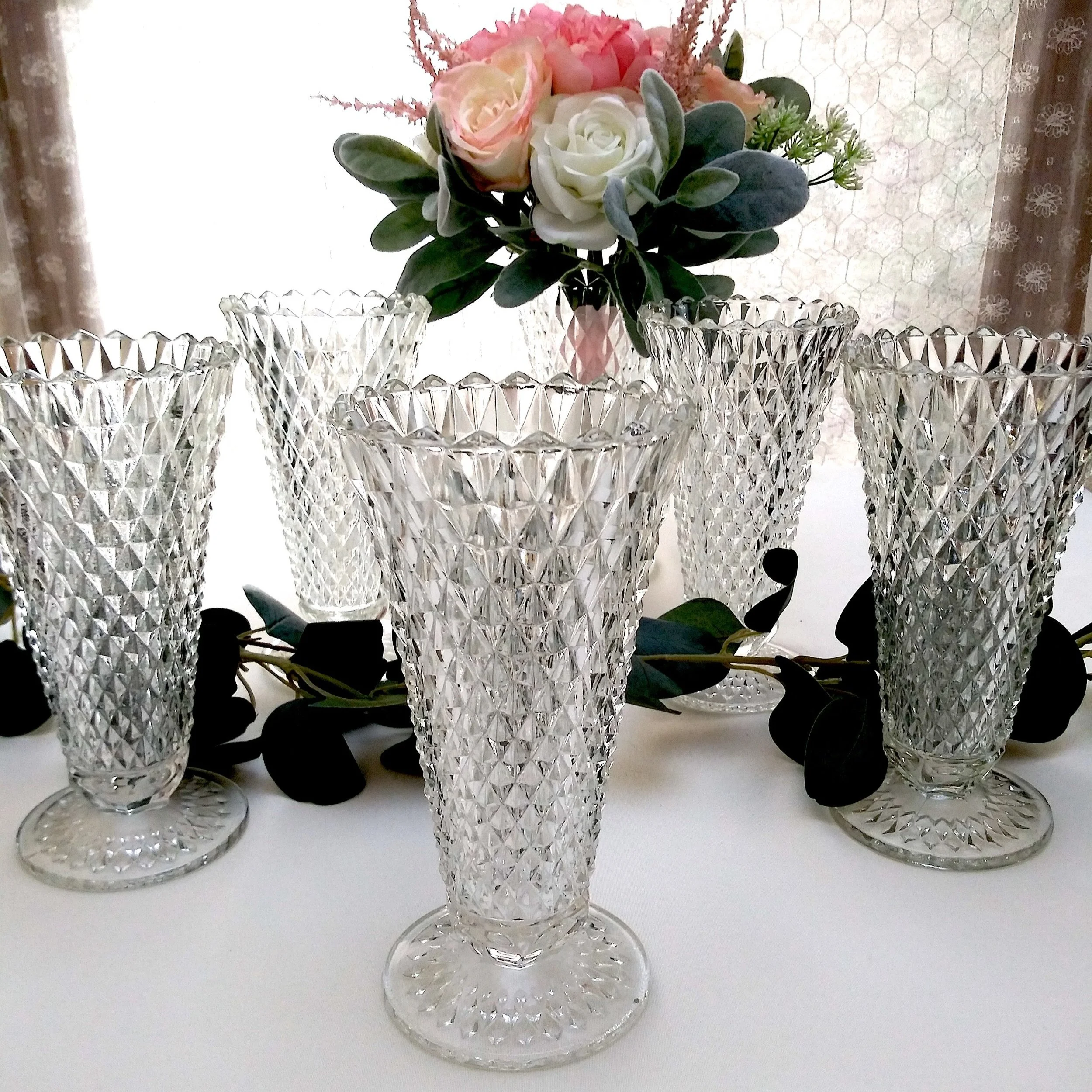 Clear Diamond Point Bouquet Vases