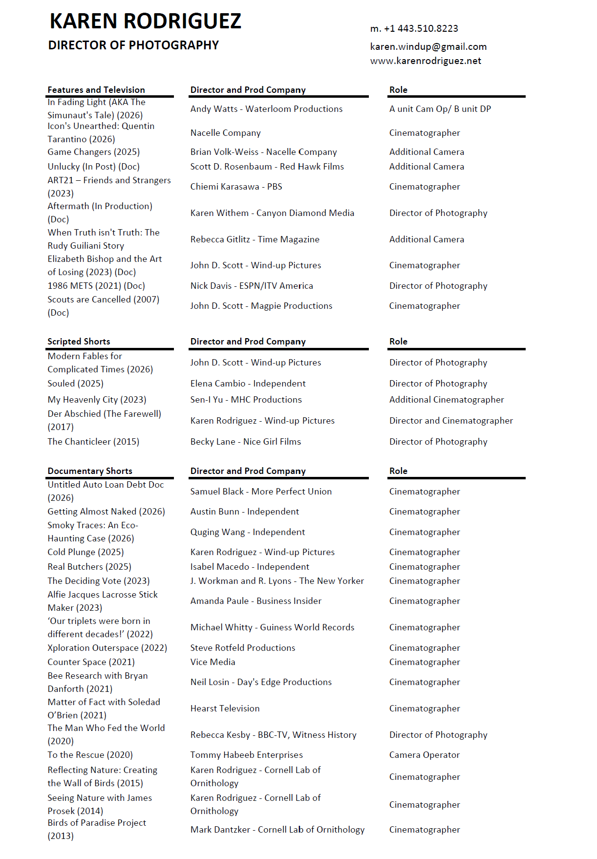 Image of a list of credits for Karen Rodriguez. Use download button to download a .pdf