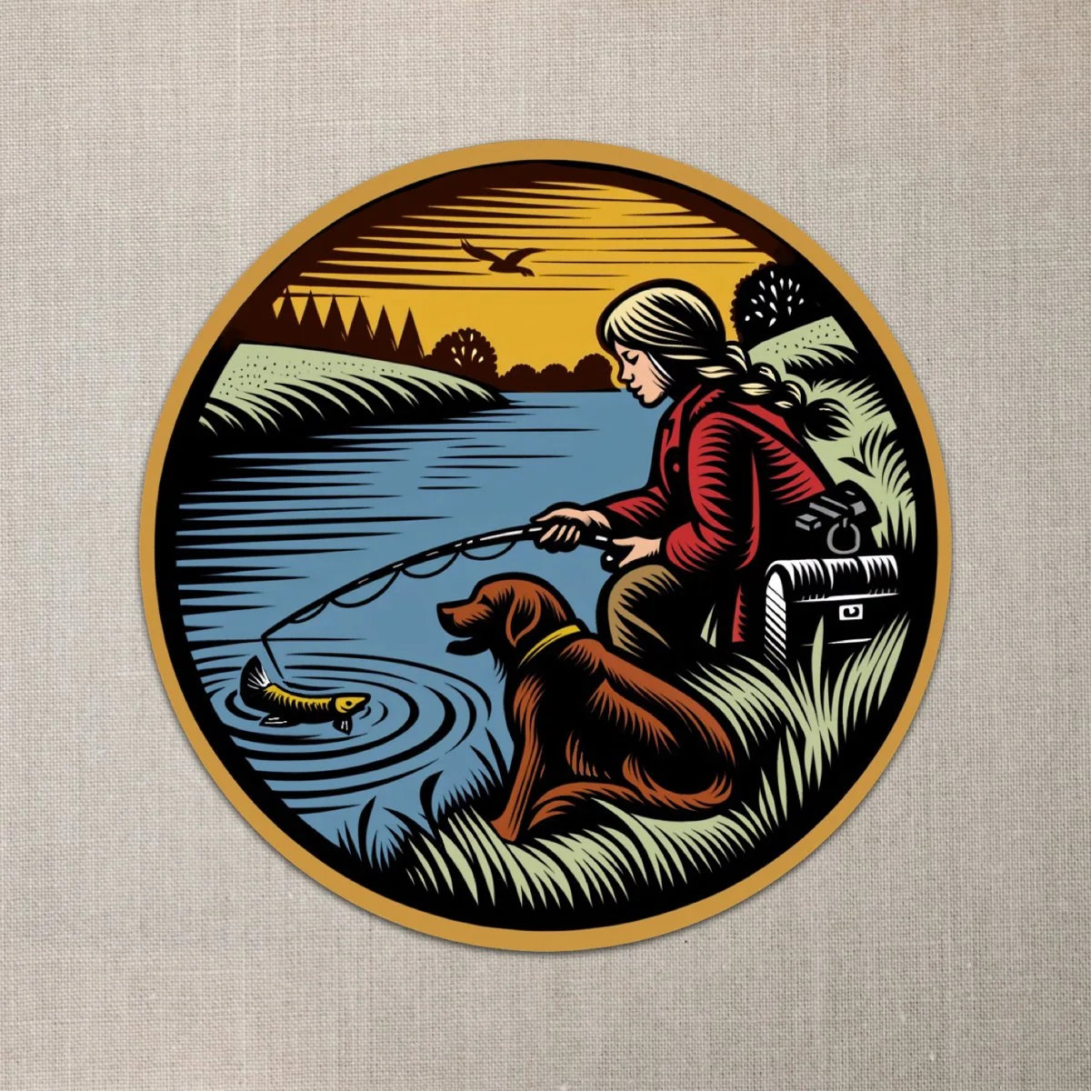 Girl Fishing with her Dog Sticker