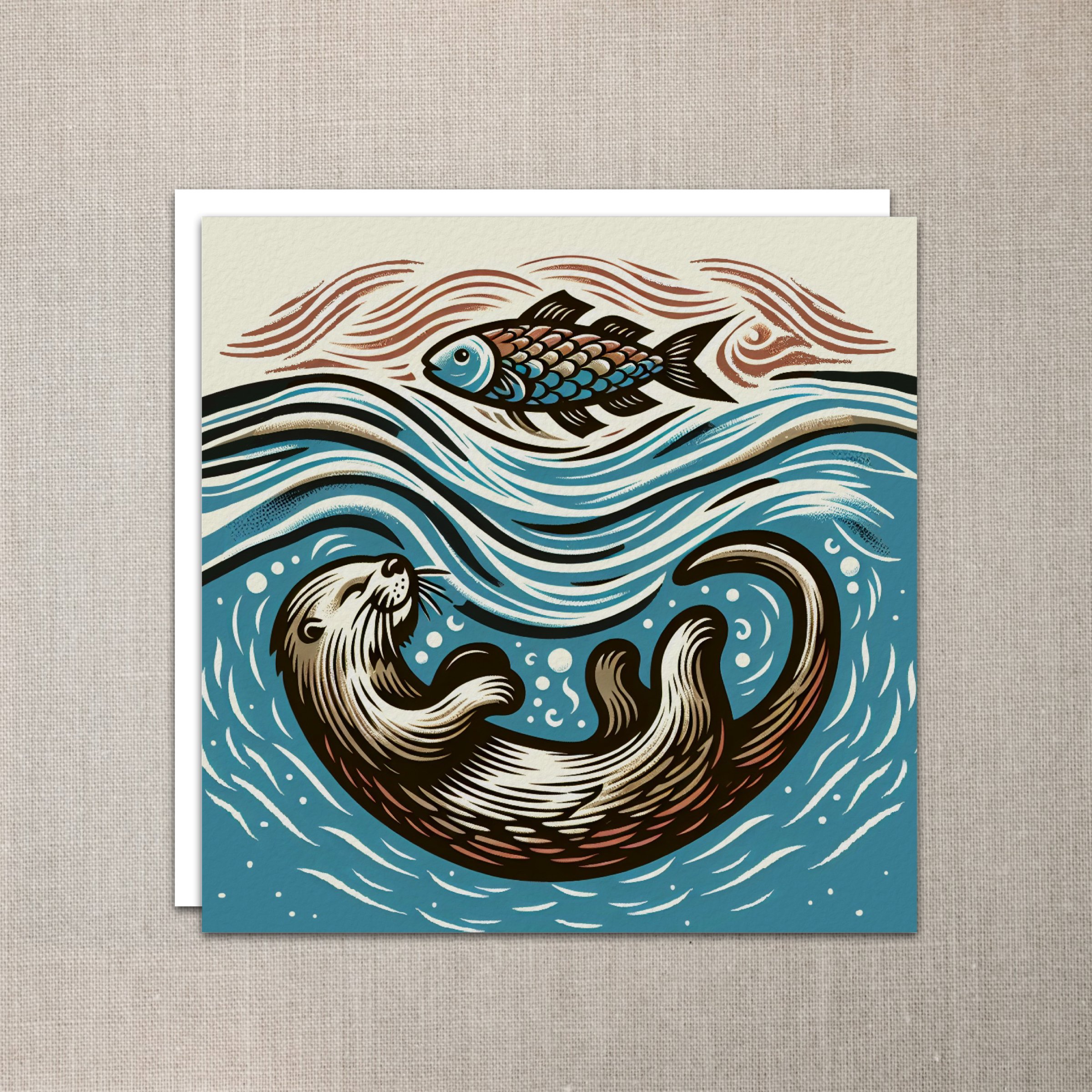 River Otter and Fish Swimming Together Notecard